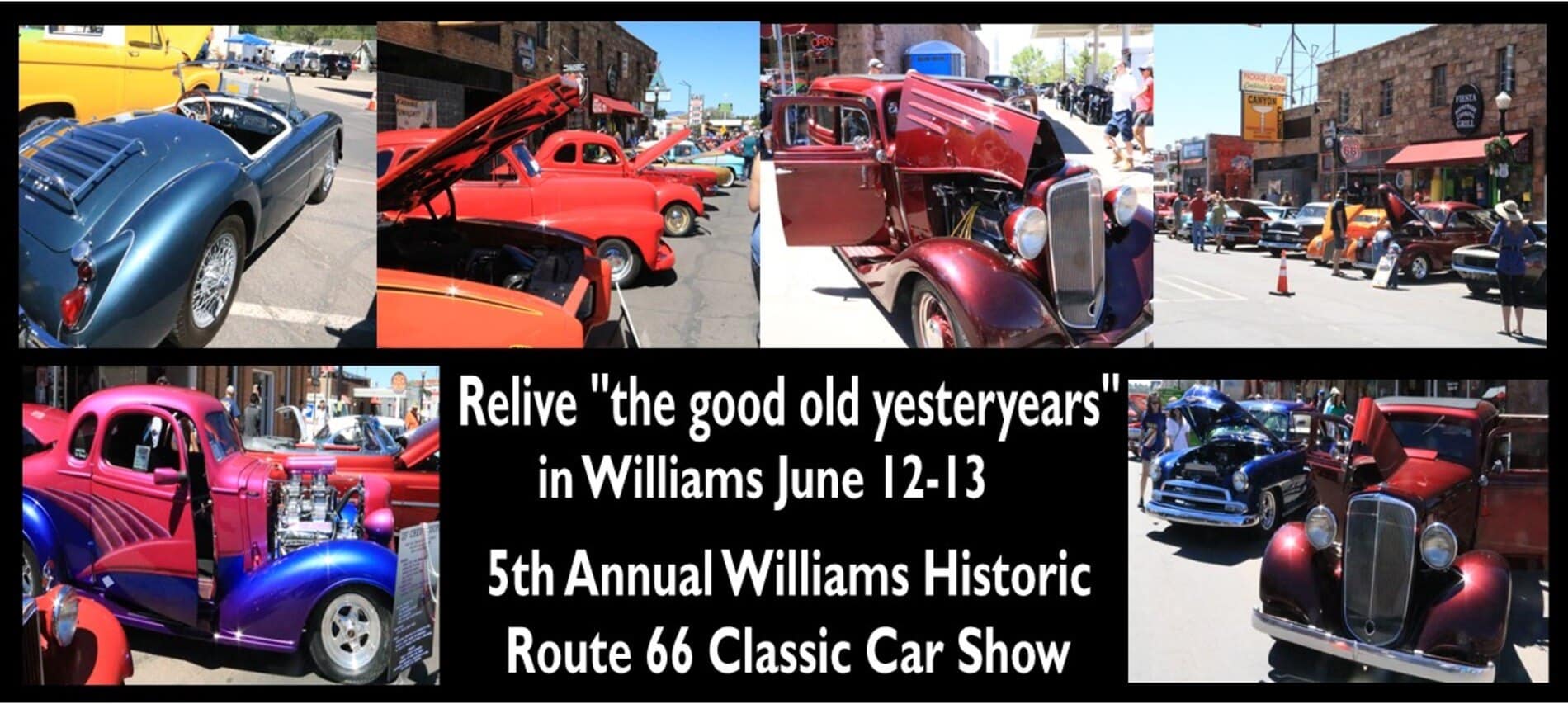 collage of preserved classic cars of different colors & people walking near them