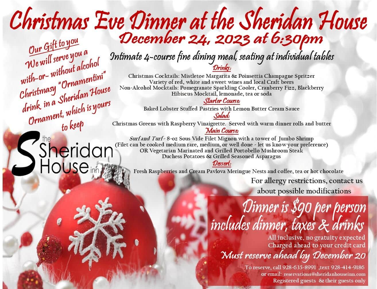 Christmas Eve Dinner 2023 Sheridan House Inn
