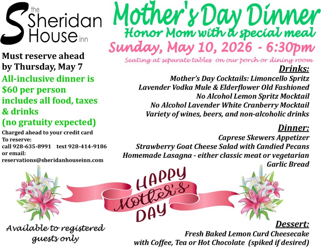 menu for a mother's Day dinner at Sheridan House on May 10, 2026
