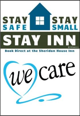 Green and Blue Stay Safe Stay Small Stay Inn logo with We Care Text below.