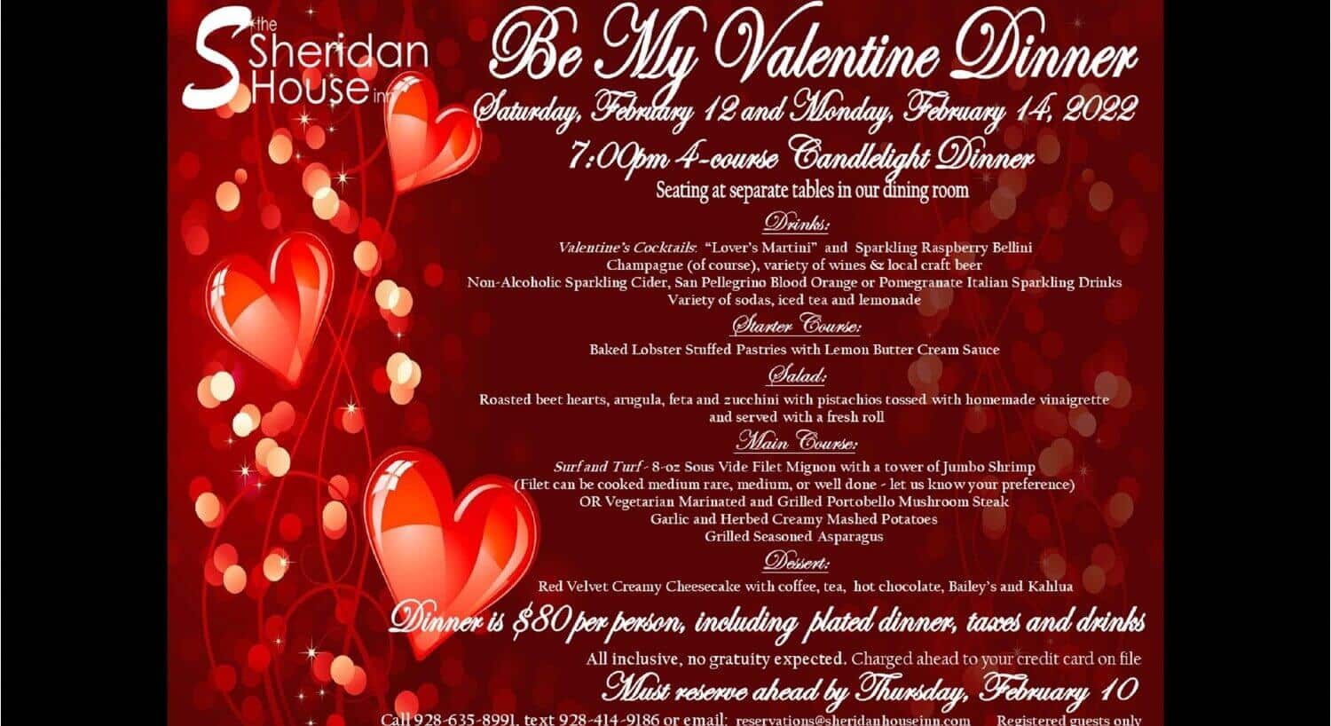Be My Valentine Dinner Invitation for 4-course dinner February 12 and February 14 at 7:00 pm