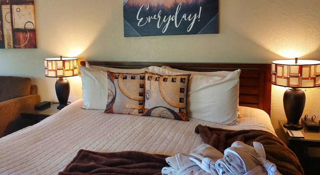 King bed with white comforter and brown accent pillows, two side tables with lamps, and chair under bright window