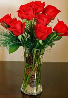 red roses in a clear vase with pine cones and pine boughs