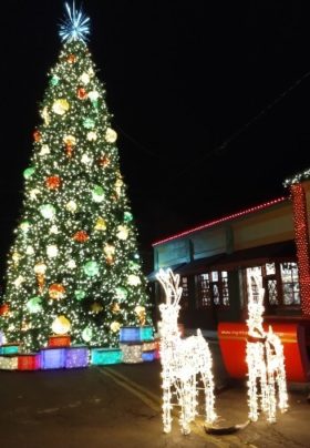 Lighted Christmas Tree and Santa sleigh